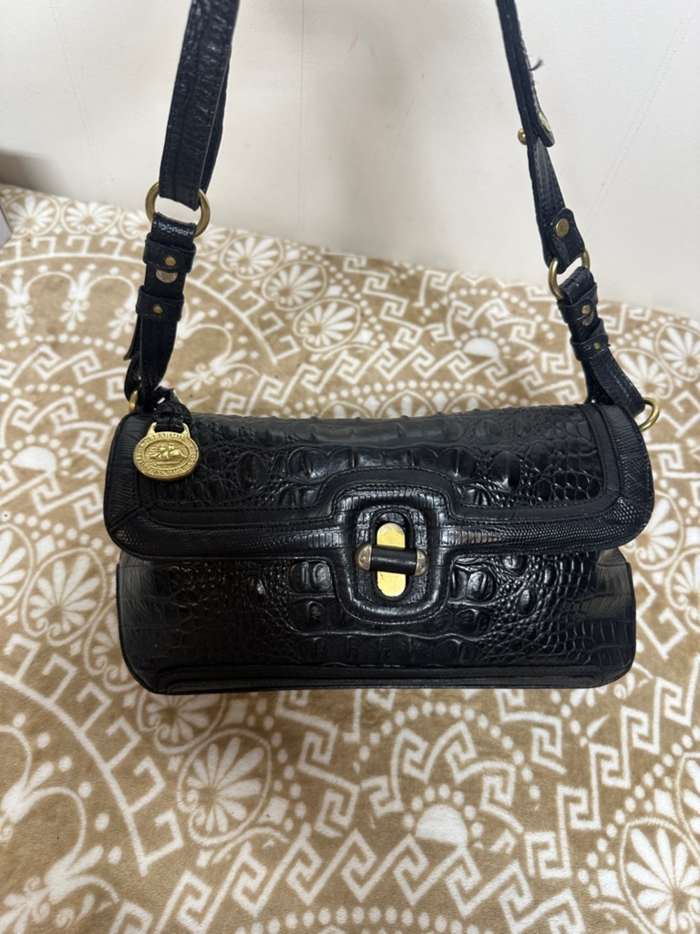 Brahmin Black Croc-Embossed Shoulder Bag with Gold Hardware